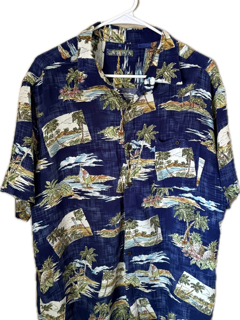 Campia Navy Island-Print Short Sleeve Button-Down Shirt